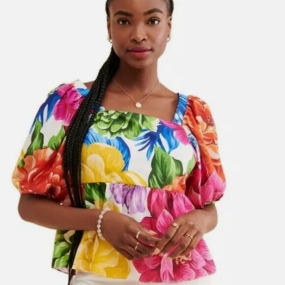 FARM Rio Tops - NWOT Farm Rio Rainbow Chita Floral Top Empire-Waist Blouse Smocked Back XS $145